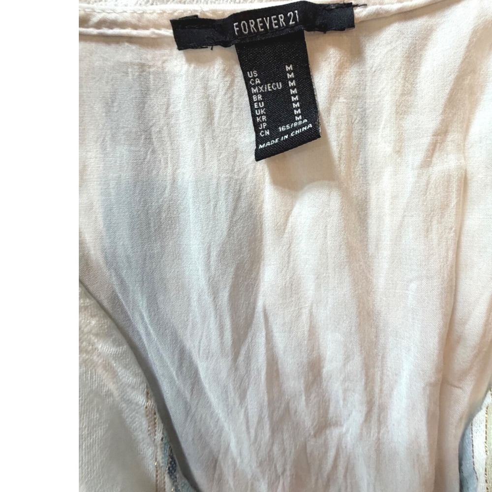 Forever 21 Metallic Striped Wrap Dress Blue Cream Silver Lurex Midi Womens M - Picture 3 of 3